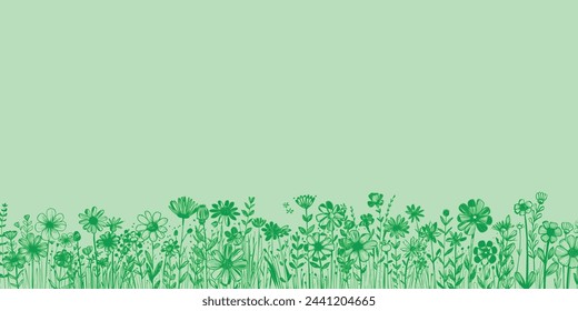 Postcard, Banner, Poster with Flowers and Grass with Space for Doodle Style Text