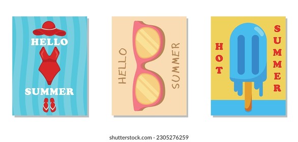 Postkarte, Banner, Poster. Sommerset mit: Eis, Brille, Hut, Badeanzug, Hausschuhe, Flip Flops, Sand, Meer, Ozean. EPS10 flach design, Vektorgrafik.