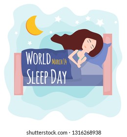 Postcard, banner or poster for the world sleep day with sleeping brunette girl.March 14