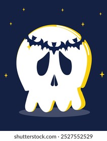 postcard banner with a skull in a wreath on a dark background for Halloween