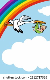 Postcard banner with sky clouds and Newborn baby with stork_space for text