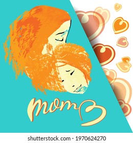 Postcard, banner. Square shape.The inscription "Mother". Mother's Day, March 8, birthday. The mother embraces the child.Drawing on a blue background. Positive and good mood. Spring, love, hearts.Retro