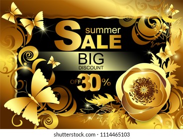 Postcard banner summer sale, big discounts of 30%. Golden flowers, poppies, butterflies, leaves, curls, stars on a black background, frame with shadows. Suitable for banner, leaflets, invitation, post