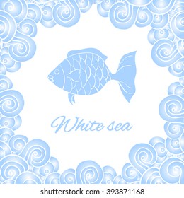 Postcard, banner White sea, hand drawing and sea fish, white background with blue waves
