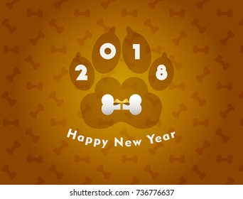 Postcard - banner wishes Happy New Year .Golden and brown abstract background. A paw print of a dog - the symbol of the year.Gift in the form of a bone with a bow