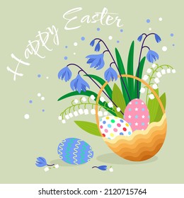 Postal con una cesta de flores silvestres y huevos de Pascua sobre un fondo verde claro para la Н а р р vacaciones у Pascua