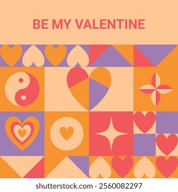 Postcard Be My Valentine. Trendy Geometric Design of Simple Shapes and Hearts. Vector Editable Template for Social Media Posts, Banners, Posters