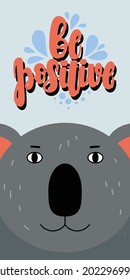 Postkarte Seien Sie positiv mit Koala. Vektorgrafik im Flachstil