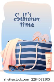 Postcard with beach striped bag and summer accessories. Summer time, hello summer. Sunglasses, sun cream, towel, flip flops. Postcard, banner, background for summer holidays.