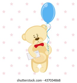 Postcard with bear and blue balloon