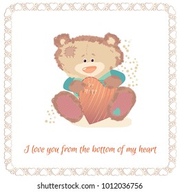 Postcard with a bear cub. A small bear is a toy. Valentine's Day is a holiday letter. Heart and bear cartoon and cute images, imitation stitched from cloth toys. Banner, Lovely frame. Vector image