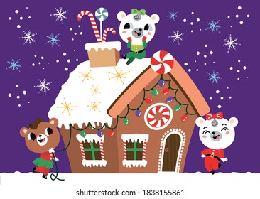Postcard with bears and gingerbread house