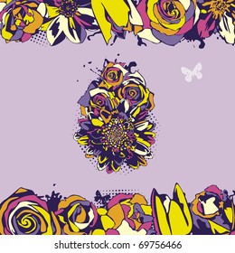 Postcard with beautiful Easter egg on violet background. Vector illustration.