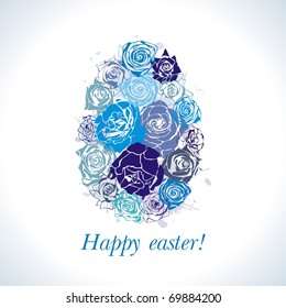 Postcard with beautiful Easter egg on blue background. Vector illustration.