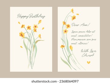 Postcard with beautiful elegant yellow flowers in vector. Happy Birthday card in vector.