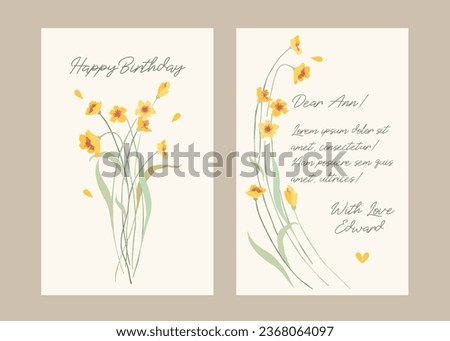 Postcard with beautiful elegant yellow flowers in vector. Happy Birthday card in vector.