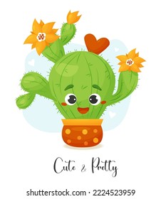 Postcard with beautiful flowering cactus in pot. Funny prickly green tropical cactus character with heart. Cute and Pretty. Vector illustration in flat style