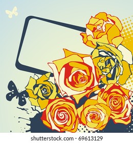 postcard with beautiful flowers on blue background. Vector illustration
