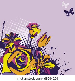 postcard with beautiful flowers on violet background. Vector illustration