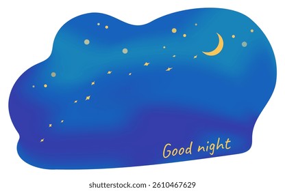 Postcard beautiful night sky and milky way with copy space. Vector blue clouds and yellow star road. Grid gradient blue, blue color. Goodnight wish design