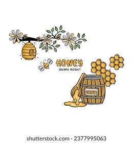 Postcard beehive with bees and barrel of honey, vector illustration
