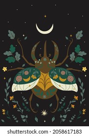 Postcard with a beetle
 in boho style. Vector graphics.