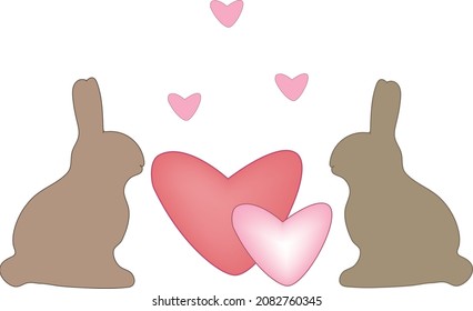 Postcard beige silhouettes of loving hares with pink hearts.