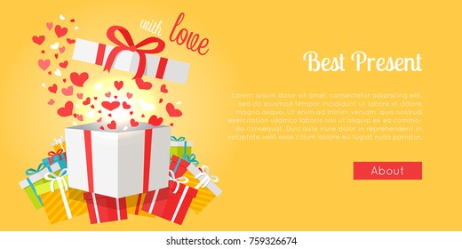 Postcard of best presents with love on yellow background. Vector illustration of colourful boxes with beautiful bows for children's gifts. Explosion of tiny confetti in box decorated with red ribbon