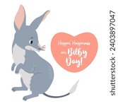 Postcard bilby day. Cute Australian animal bilby with heart and holiday greeting. Vector illustration in flat cartoon style