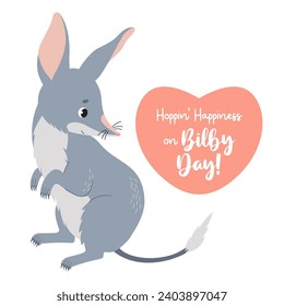 Postcard bilby day. Cute Australian animal bilby with heart and holiday greeting. Vector illustration in flat cartoon style