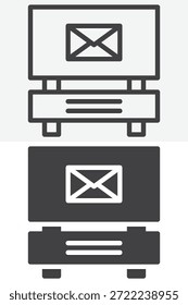Icono de la cartelera de la postal fijado en diverso estilo. Línea, contorno e icono sólido con trazo editable. Signo de Vector y símbolo para el ícono de la promoción del correo.