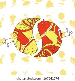 Postcard with birds . the background pattern of colors