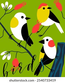 Postcard with birds. Postcard concept. Template for card. Vector illustration on green background