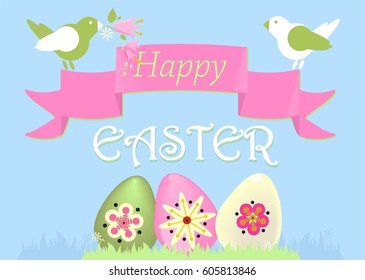 Postcard with a birds and Easter eggs in white, green, pink and red colors on a light blue background.