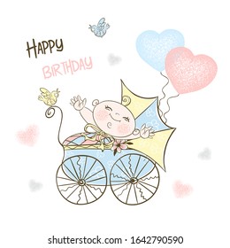 Postcard for the birth of a boy with a stroller and balloons. Vector.