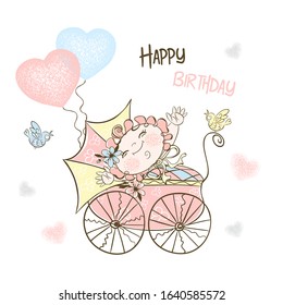 Postcard for the birth of a girl with a stroller and balloons. Vector.