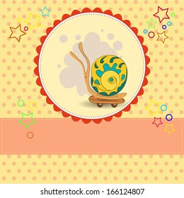 Postcard for a birthday, a birth of the newborn, the image of a snail on a skateboard