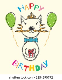 Postcard "Birthday" with a cat, inflatable balls. The cat is holding a present in the paws. Sticker for children. Vector illustration for cards, printing on t-shirts and other materials