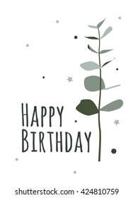 Postcard birthday with a sprig of green plants. A bright illustration for the holiday.