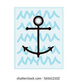 Postcard with Black Anchor and Blue Waves on Water