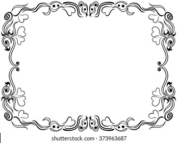 Postcard with black floral elements and hearts over white background, hand drawing vector illustration