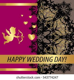 Postcard. Black patterns on a pink background. A heart  and a golden Cupid. The words "Happy wedding day!"

