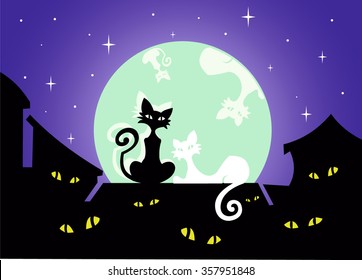 Postcard with black and white cats on a house roof. Overnight, the bright light of the moon, cat-like eyes.