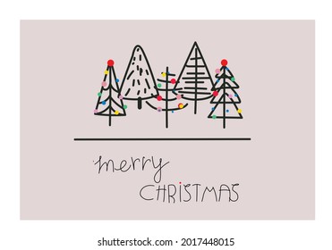 A postcard of black and white Christmas trees with colorful lights. A set on the theme of Christmas. Illustration with Christmas trees and toys