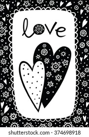 postcard black and white "Love" with hearts