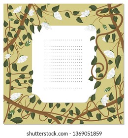 Postcard with blank lines for text. Botanical ornament of flowers, leaves and stems of the plant Actinidia kolomikta.