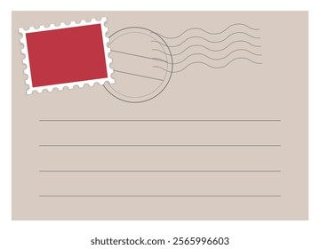 Postcard Blank template with red stamp, postmark and lines for text. Empty greeting card or mail Letter. Paper message with vintage design. Vector illustration.