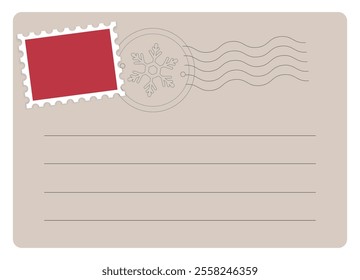 Postcard Blank template with stamps, postmarks and lines for text. Empty greeting card or mail Letter. Paper message with vintage design. Vector illustration.