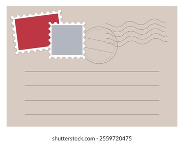 Postcard Blank template with stamps, postmarks and lines for text. Empty greeting card or mail Letter. Paper message with vintage design. Vector illustration.