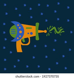 Postcard Blaster with laser. Bright children's game weapons for fashion textiles. Space game guns poster in the game room. Vector illustration